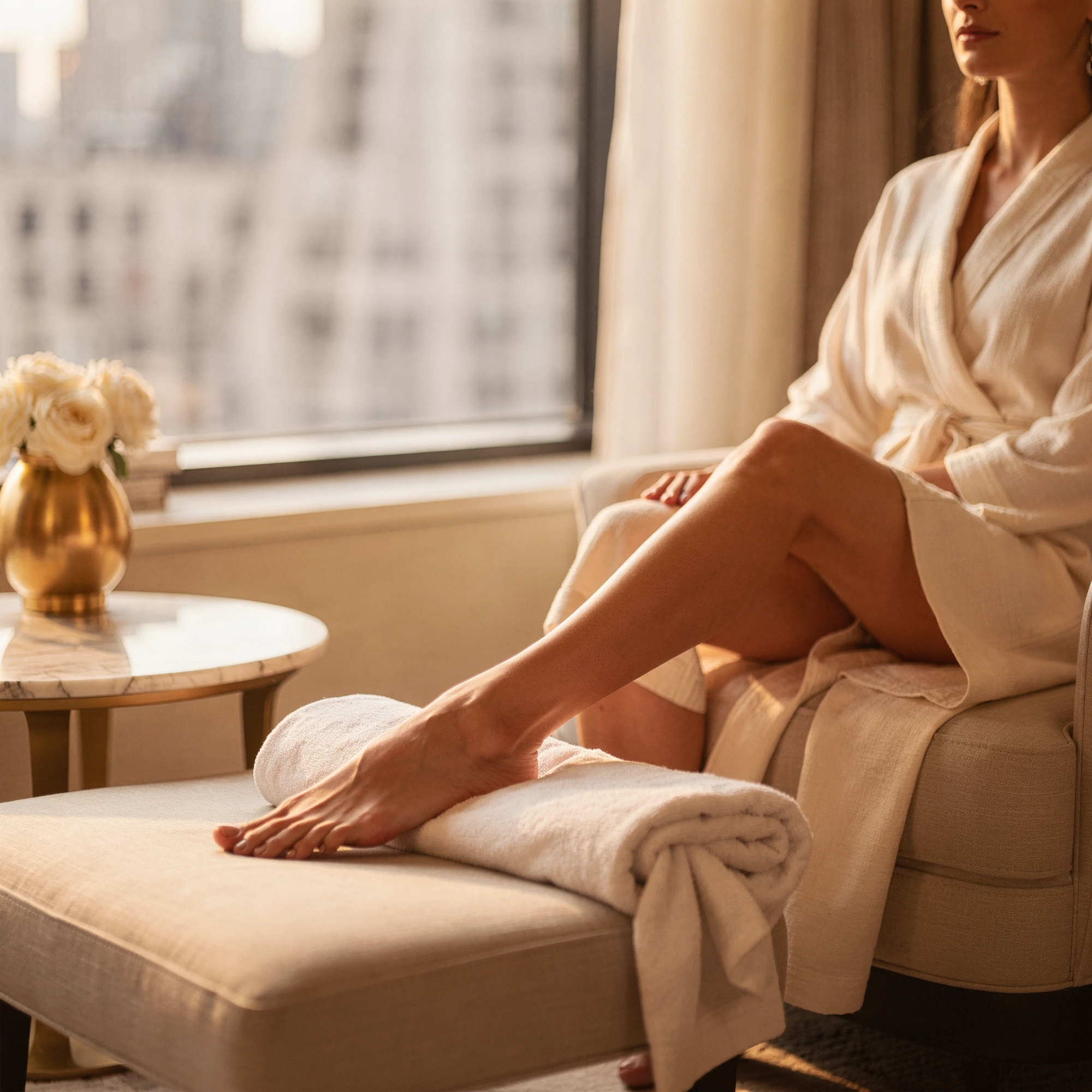 Woman resting her foot on a pillow in a modern apartment overlooking New York City